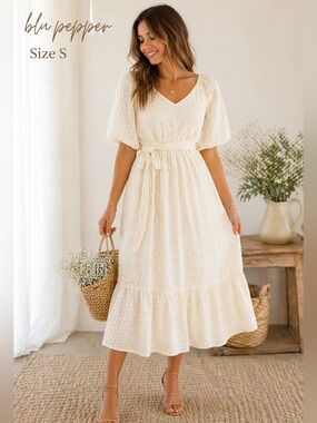 Blu Pepper Midi Dress womens Sz small ivory textured Tie Waist Boho Cottagecore